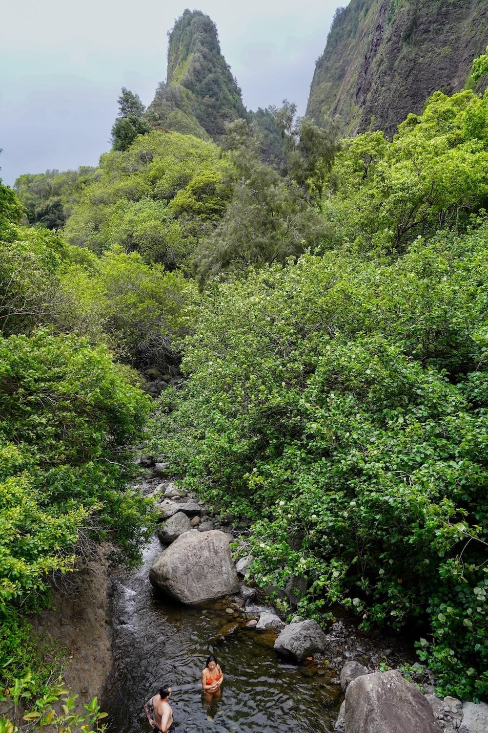 Visitors swimming in the stream under Kūka‘emoku